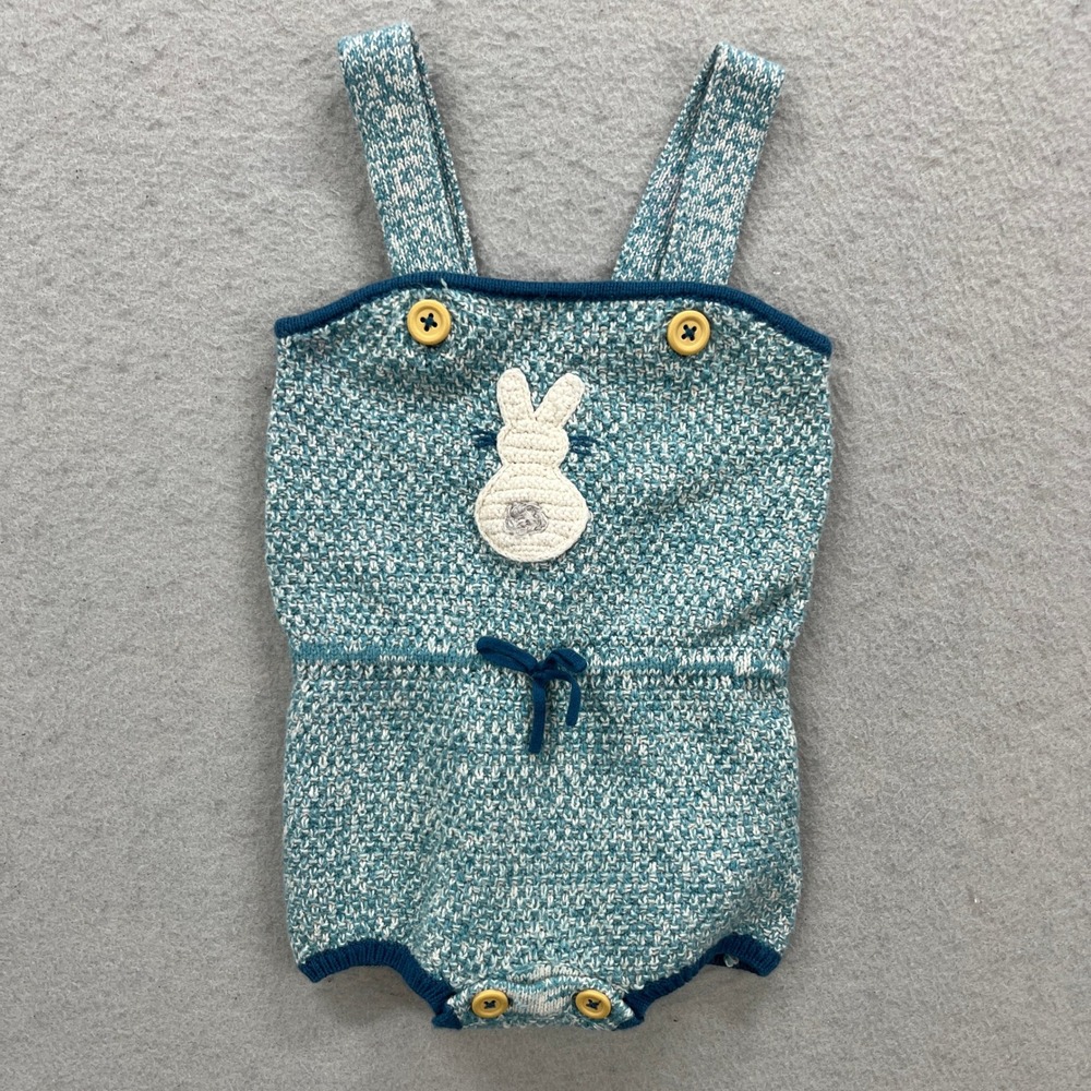 Baby Boden Romper Baby 6-12M Blue Bunny Knit Overalls Cotton Blend Cottagecore